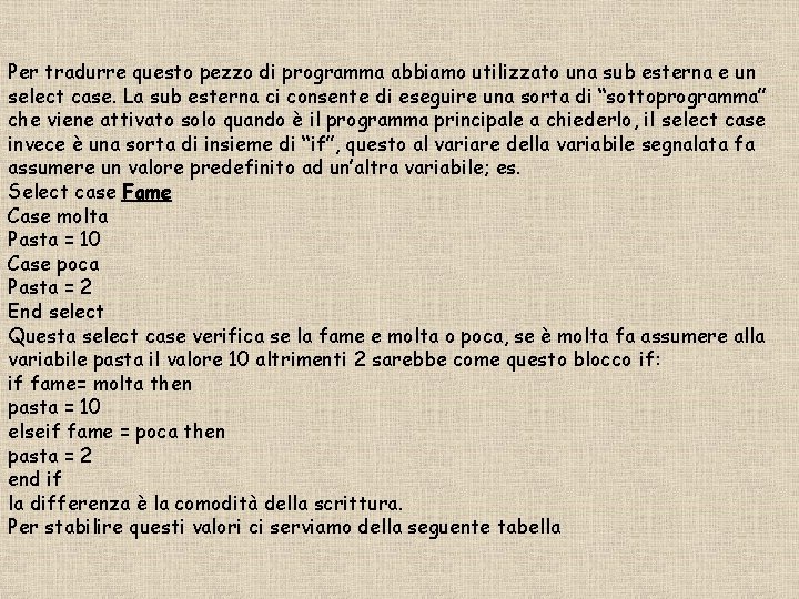 Per tradurre questo pezzo di programma abbiamo utilizzato una sub esterna e un select