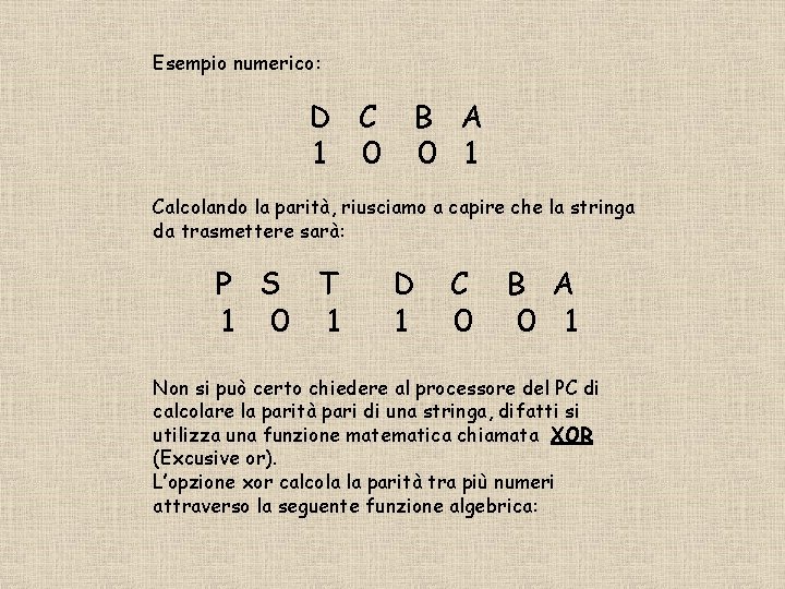 Esempio numerico: D C 1 0 B A 0 1 Calcolando la parità, riusciamo