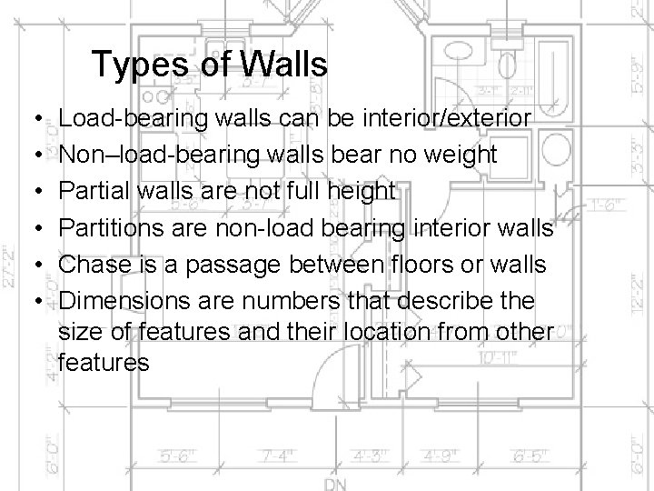 Types of Walls • • • Load-bearing walls can be interior/exterior Non–load-bearing walls bear