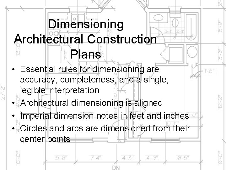 Dimensioning Architectural Construction Plans • Essential rules for dimensioning are accuracy, completeness, and a