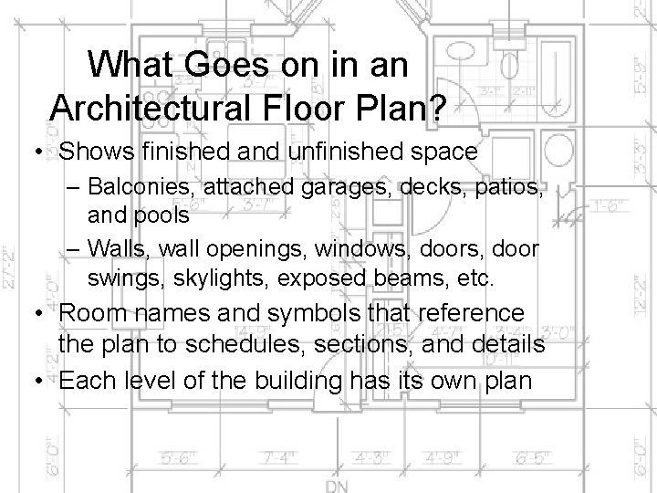 What Goes on in an Architectural Floor Plan? • Shows finished and unfinished space
