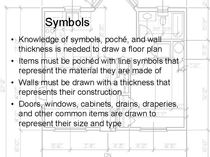 Symbols • Knowledge of symbols, poché, and wall thickness is needed to draw a