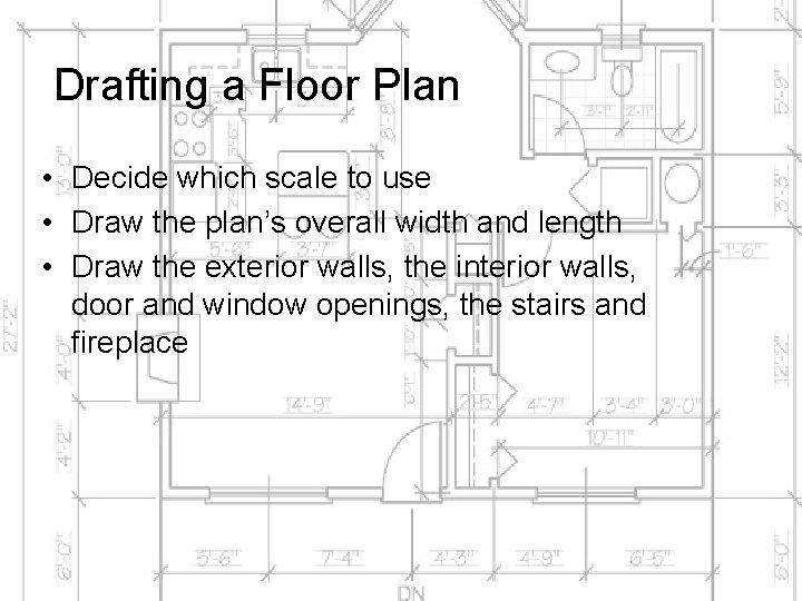 Drafting a Floor Plan • Decide which scale to use • Draw the plan’s