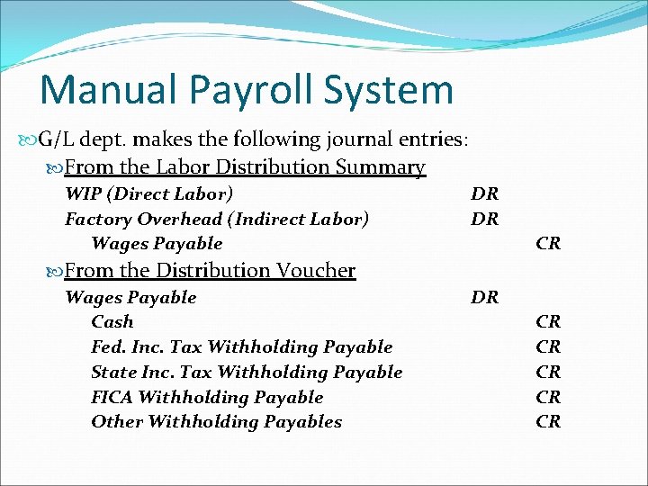 Manual Payroll System G/L dept. makes the following journal entries: From the Labor Distribution