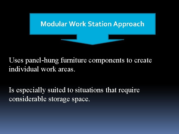 Modular Work Station Approach Uses panel-hung furniture components to create individual work areas. Is Modular Work Station Approach Uses panel-hung furniture components to create individual work areas. Is