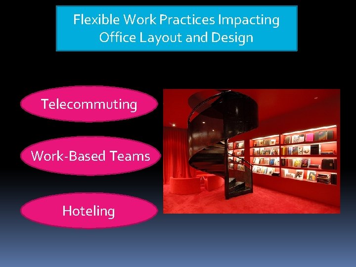Flexible Work Practices Impacting Office Layout and Design Telecommuting Work-Based Teams Hoteling Flexible Work Practices Impacting Office Layout and Design Telecommuting Work-Based Teams Hoteling