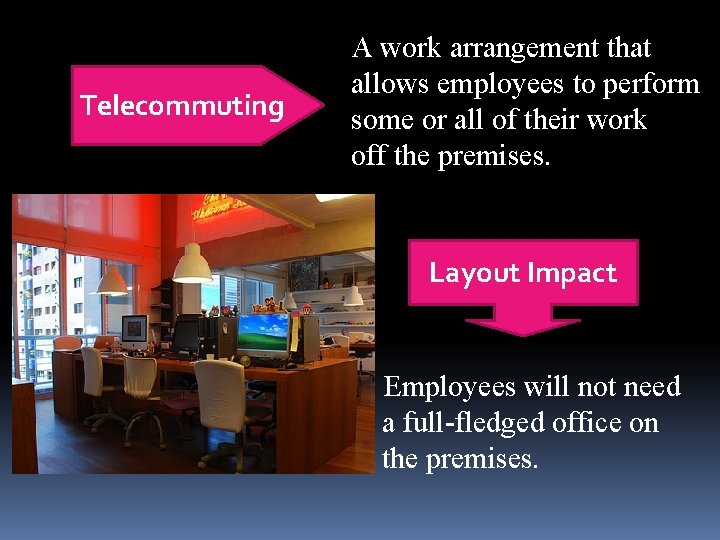 Telecommuting A work arrangement that allows employees to perform some or all of their Telecommuting A work arrangement that allows employees to perform some or all of their