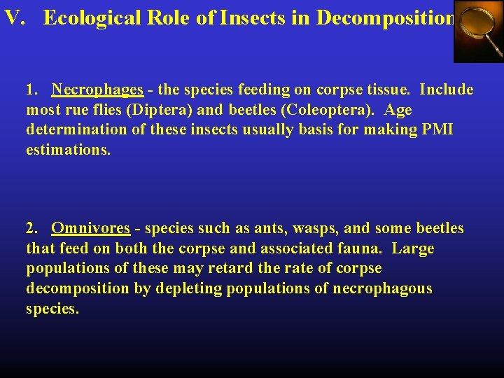 V. Ecological Role of Insects in Decomposition 1. Necrophages - the species feeding on