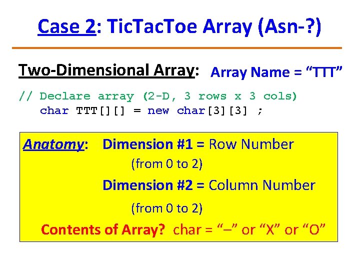 Case 2: Tic. Tac. Toe Array (Asn-? ) Two-Dimensional Array: Array Name = “TTT”