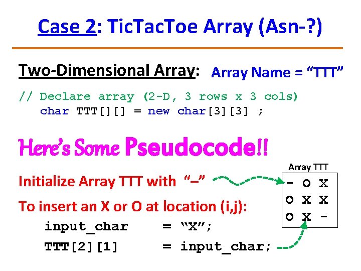 Case 2: Tic. Tac. Toe Array (Asn-? ) Two-Dimensional Array: Array Name = “TTT”