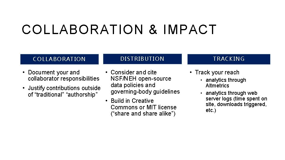 COLLABORATION & IMPACT COLLABORATION DISTRIBUTION • Consider and cite • Document your and NSF/NEH