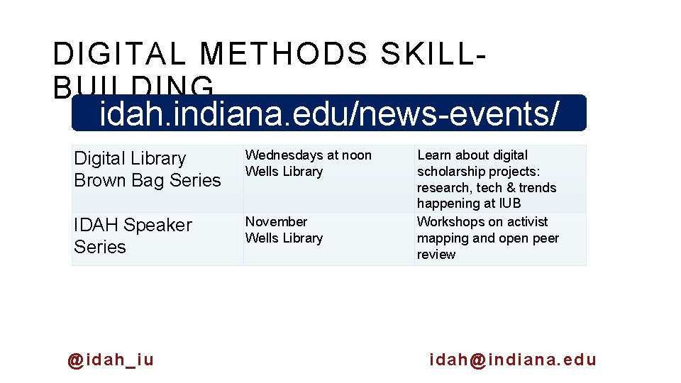 DIGITAL METHODS SKILLBUILDING idah. indiana. edu/news-events/ Digital Library Brown Bag Series Wednesdays at noon