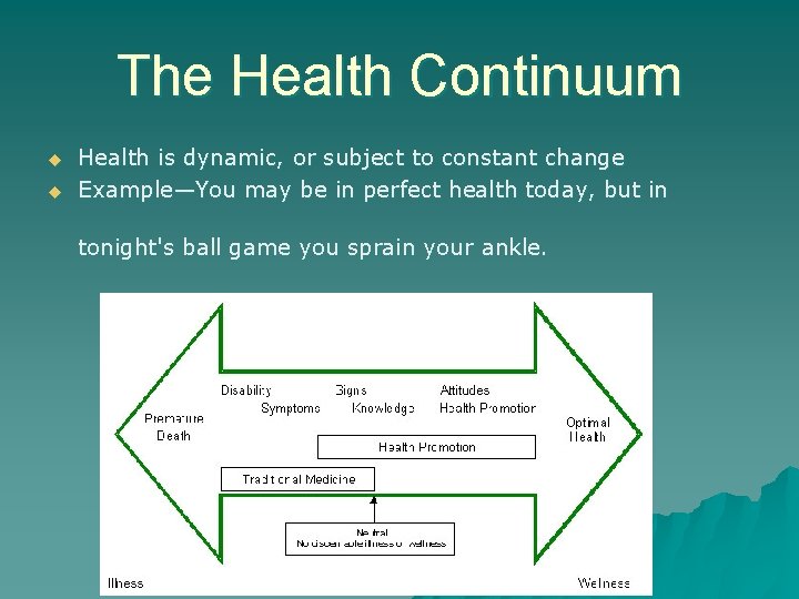 The Health Continuum u u Health is dynamic, or subject to constant change Example—You