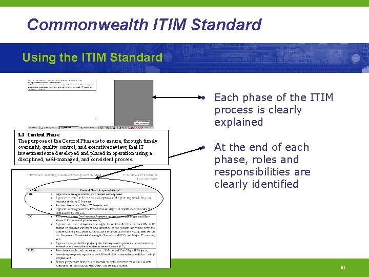 Commonwealth ITIM Standard Using the ITIM Standard • Each phase of the ITIM process