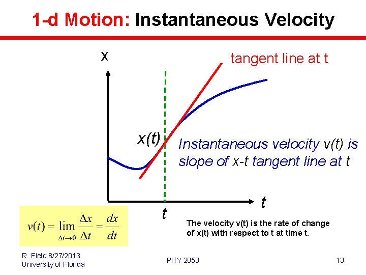 1 -d Motion: Instantaneous Velocity x tangent line at t x(t) Instantaneous velocity v(t)