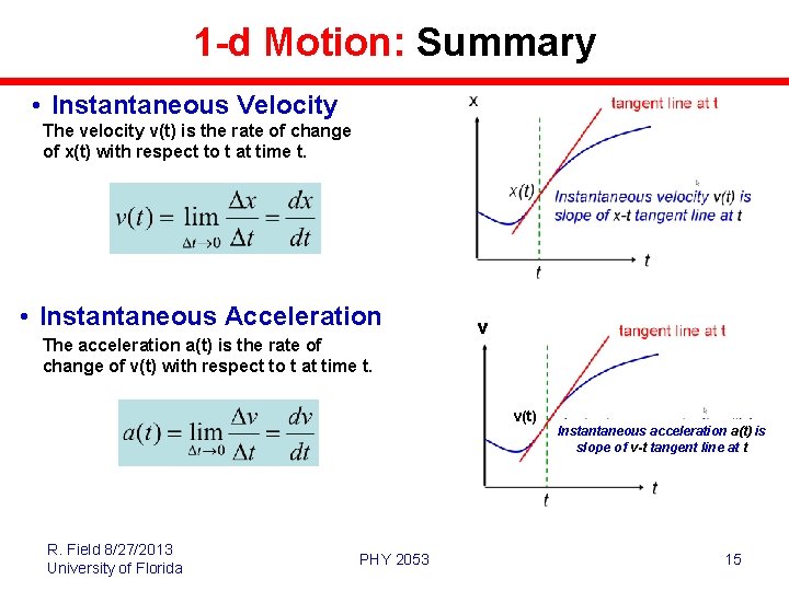 1 -d Motion: Summary • Instantaneous Velocity The velocity v(t) is the rate of
