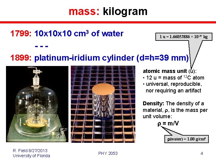 mass: kilogram 1799: 10 x 10 cm 3 of water 1 u = 1.