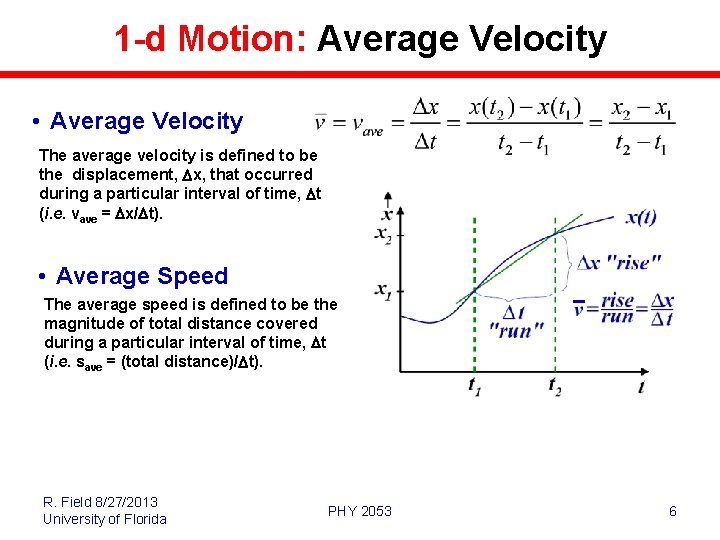 1 -d Motion: Average Velocity • Average Velocity The average velocity is defined to
