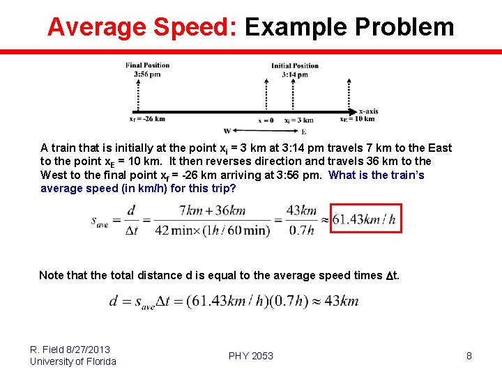 Average Speed: Example Problem A train that is initially at the point xi =