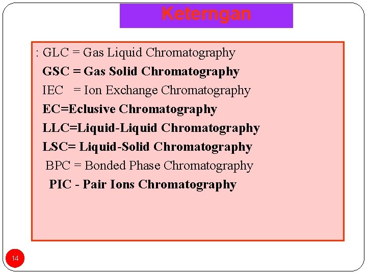 Keterngan : GLC = Gas Liquid Chromatography GSC = Gas Solid Chromatography IEC =