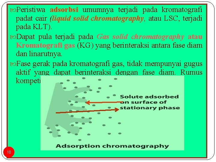  Peristiwa adsorbsi umumnya terjadi pada kromatografi padat cair (liquid solid chromatography, atau LSC,
