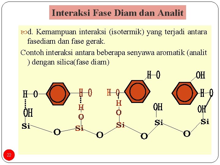 Interaksi Fase Diam dan Analit d. Kemampuan interaksi (isotermik) yang terjadi antara fasediam dan