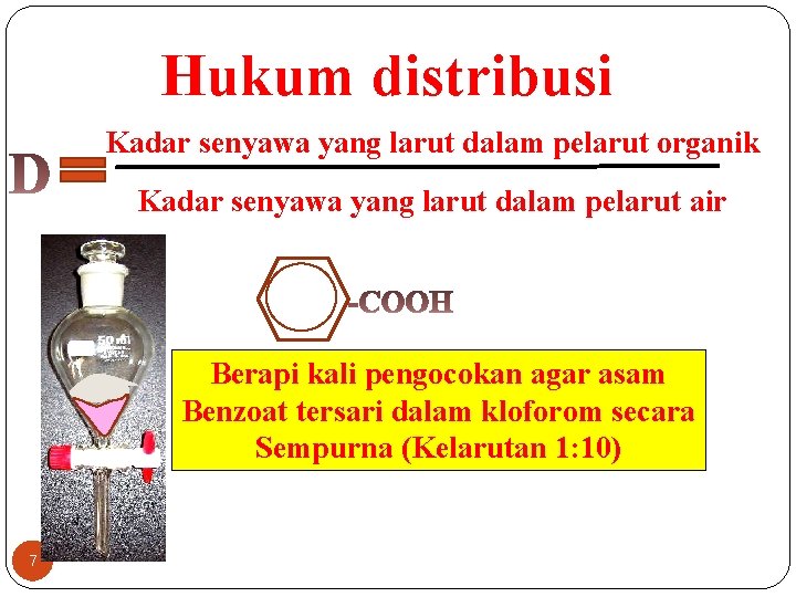 Hukum distribusi Kadar senyawa yang larut dalam pelarut organik Kadar senyawa yang larut dalam