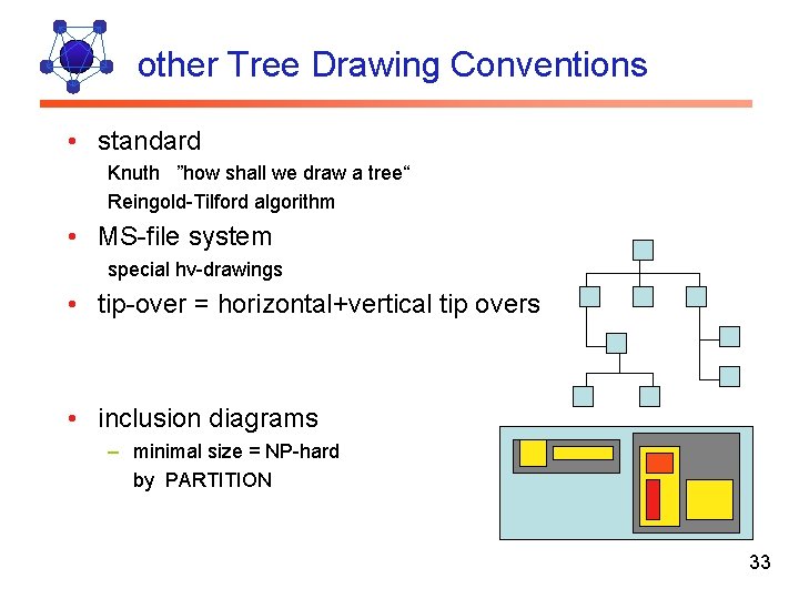 other Tree Drawing Conventions • standard Knuth ”how shall we draw a tree“ Reingold-Tilford