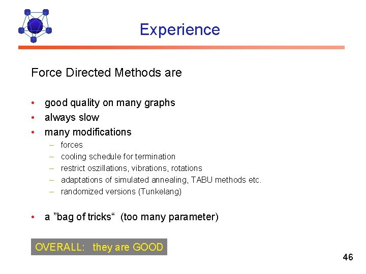 Experience Force Directed Methods are • good quality on many graphs • always slow