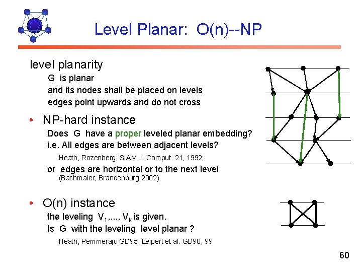 Level Planar: O(n)--NP level planarity G is planar and its nodes shall be placed