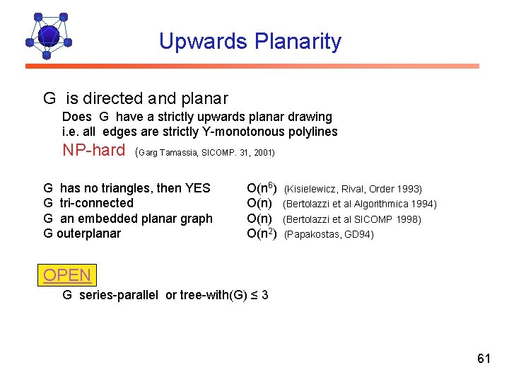 Upwards Planarity G is directed and planar Does G have a strictly upwards planar