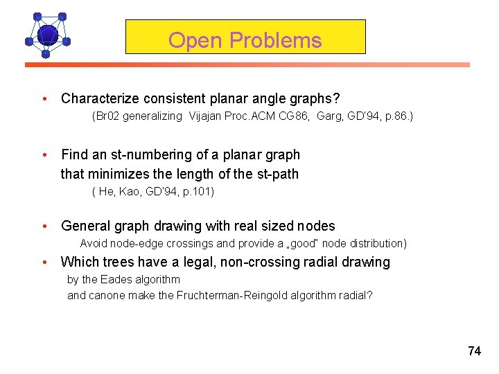 Open Problems • Characterize consistent planar angle graphs? (Br 02 generalizing Vijajan Proc. ACM