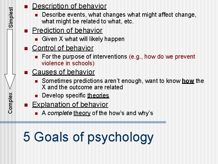 Simplest n Description of behavior n n Prediction of behavior n n Complex For