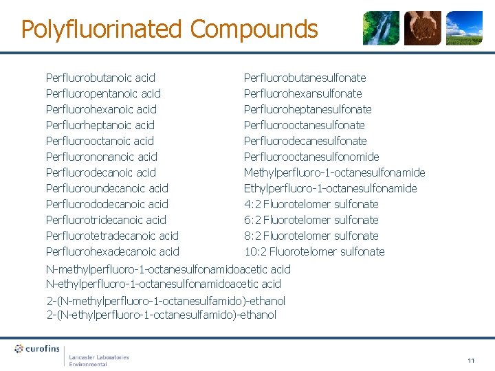 Polyfluorinated Compounds Perfluorobutanoic acid Perfluoropentanoic acid Perfluorohexanoic acid Perfluorheptanoic acid Perfluorooctanoic acid Perfluorononanoic acid