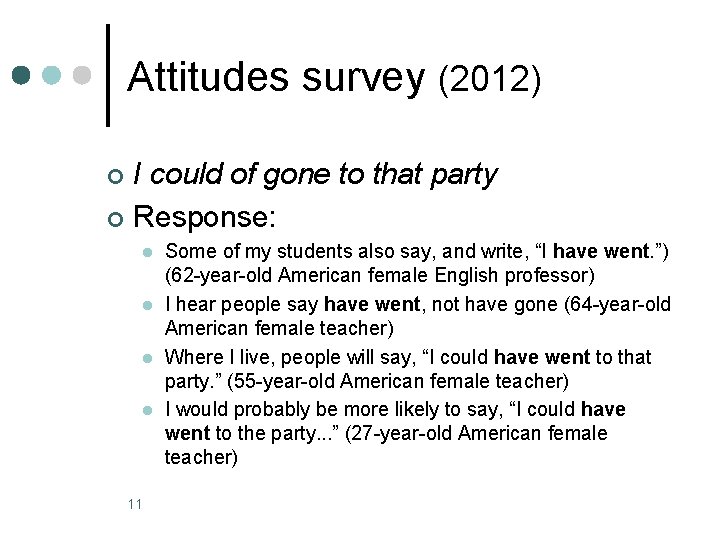 Attitudes survey (2012) I could of gone to that party ¢ Response: ¢ l