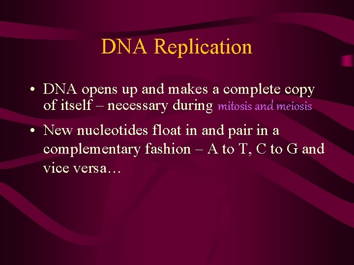 DNA Replication • DNA opens up and makes a complete copy of itself –