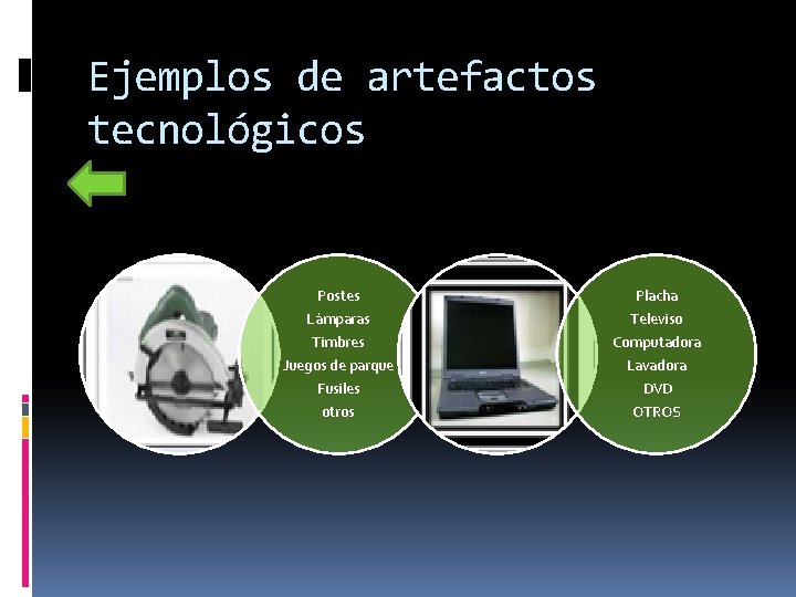 Ejemplos de artefactos tecnológicos Postes Placha Lámparas Televiso Timbres Juegos de parque Fusiles otros