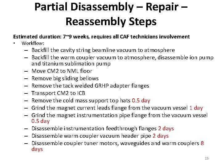 Partial Disassembly – Repair – Reassembly Steps Estimated duration: 7~9 weeks, requires all CAF