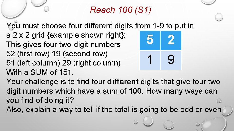 Reach 100 (S 1) You must choose four different digits from 1 -9 to