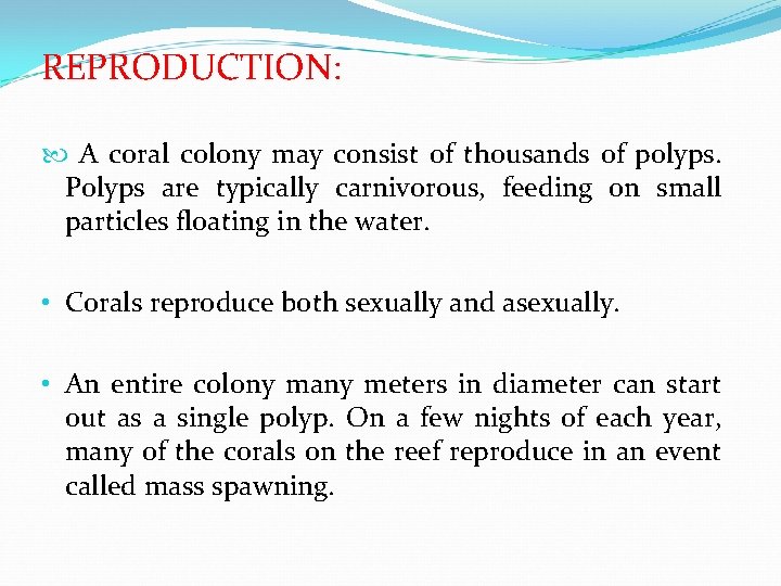 REPRODUCTION: A coral colony may consist of thousands of polyps. Polyps are typically carnivorous,