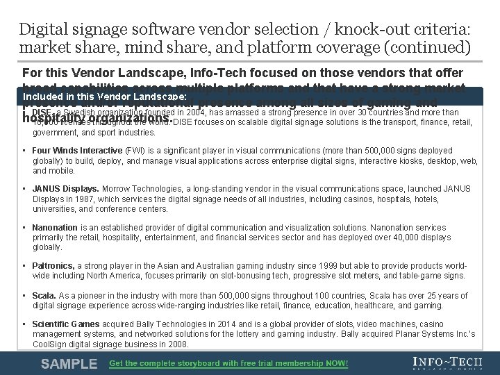 Digital signage software vendor selection / knock-out criteria: market share, mind share, and platform