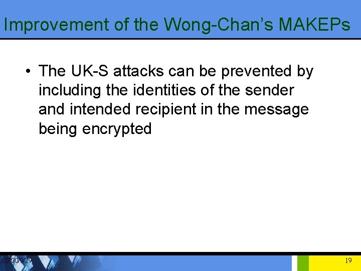 Improvement of the Wong-Chan’s MAKEPs • The UK-S attacks can be prevented by including