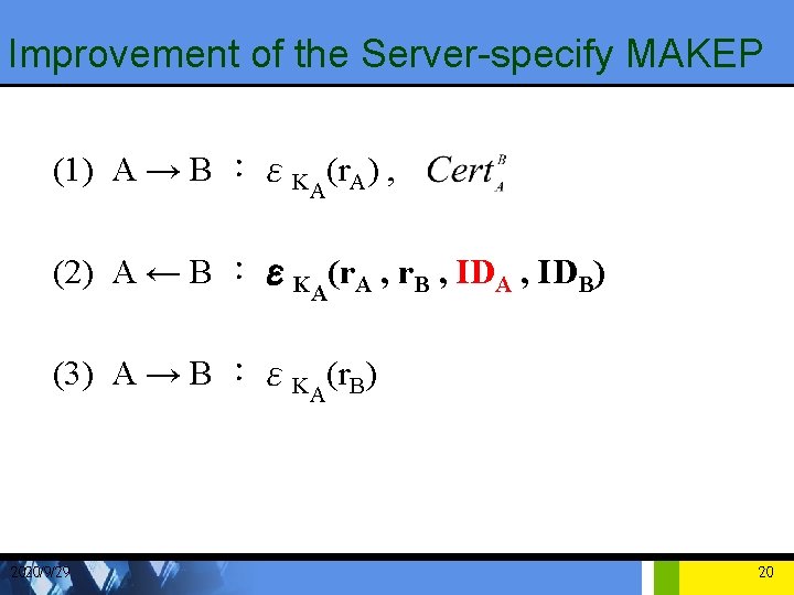 Improvement of the Server-specify MAKEP (1) A → B ：εKA(r. A) , (2) A