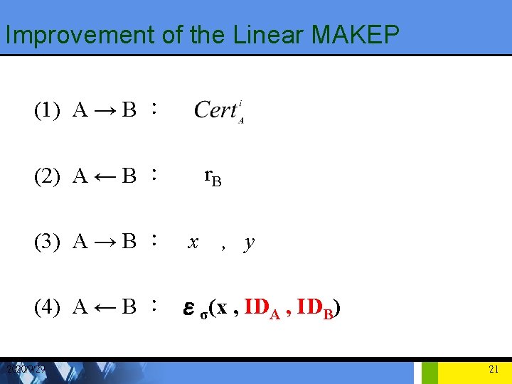 Improvement of the Linear MAKEP (1) A → B ： r. B (2) A