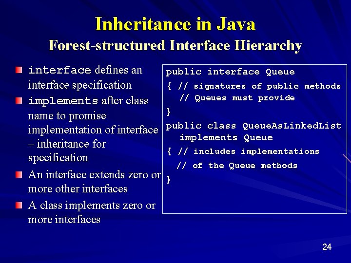 Inheritance in Java Forest-structured Interface Hierarchy interface defines an interface specification implements after class