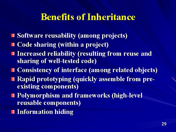 Benefits of Inheritance Software reusability (among projects) Code sharing (within a project) Increased reliability