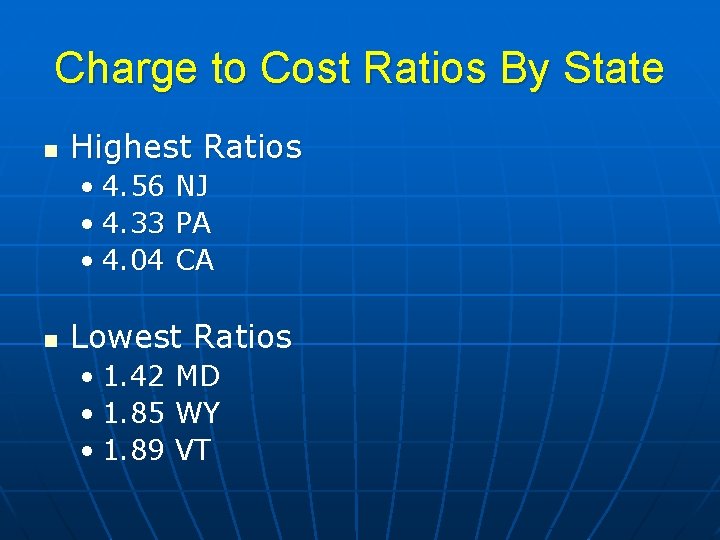 Charge to Cost Ratios By State n Highest Ratios • 4. 56 • 4.