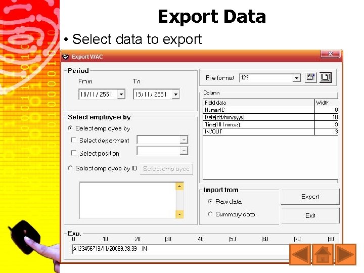 Export Data • Select data to export 