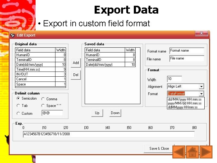 Export Data • Export in custom field format 