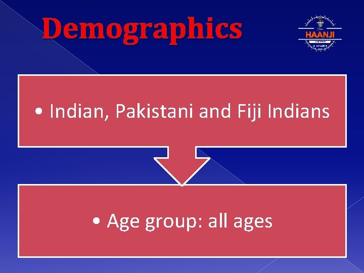 Demographics • Indian, Pakistani and Fiji Indians • Age group: all ages 